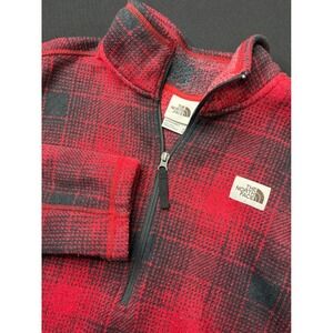 The North Face Mens‎ Fleece Pullover Red Black Plaid 1/4 Zip Medium Brown label